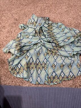 LuLaRoe Aqua Geometric Poncho with Navy and Gold Detail